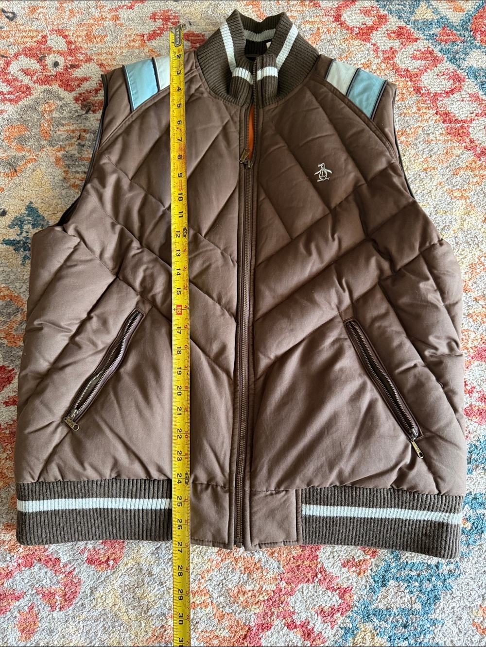 Original Penguin Brown Quilted Vest with Light Blue Shoulder Panels